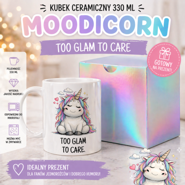 kubek too glam Kubek Moodicorn - "Too glam to care" 330ml + opakowanie